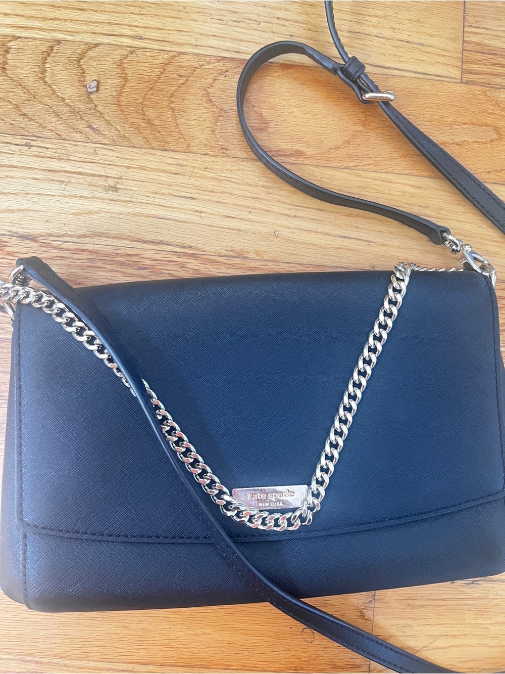 kate spade Black Leather Crossbody with Silver Chain